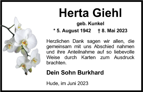 Traueranzeige von Herta Giehl von Nordwest-Zeitung