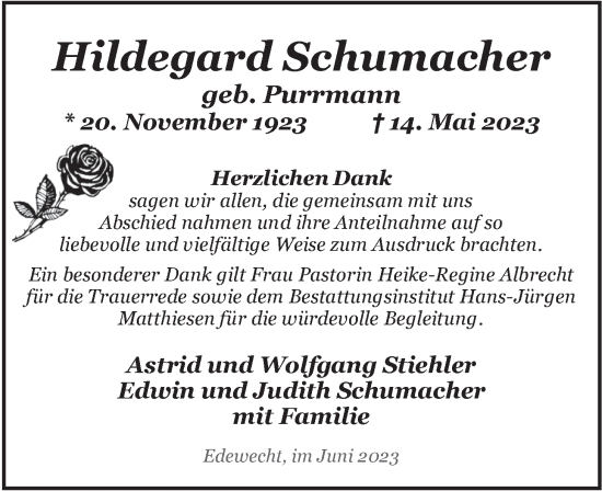 Traueranzeige von Hildegard Schumacher von Nordwest-Zeitung