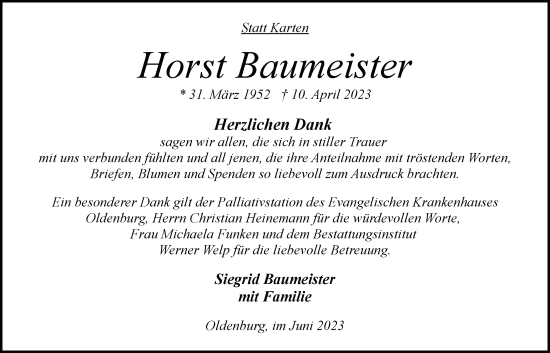 Traueranzeige von Horst Baumeister von Nordwest-Zeitung