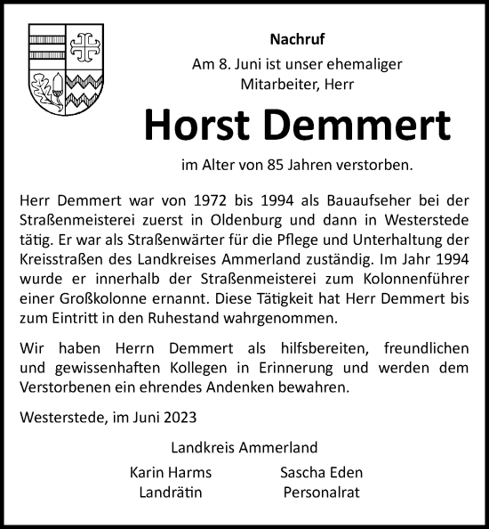 Traueranzeige von Horst Demmert von Nordwest-Zeitung