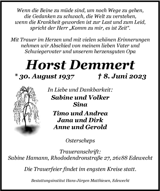 Traueranzeige von Horst Demmert von Nordwest-Zeitung