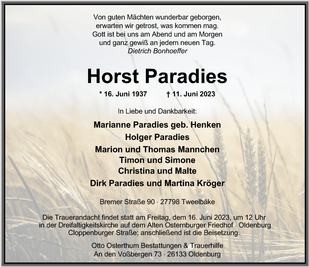  Traueranzeige für Horst Paradies vom 14.06.2023 aus Nordwest-Zeitung