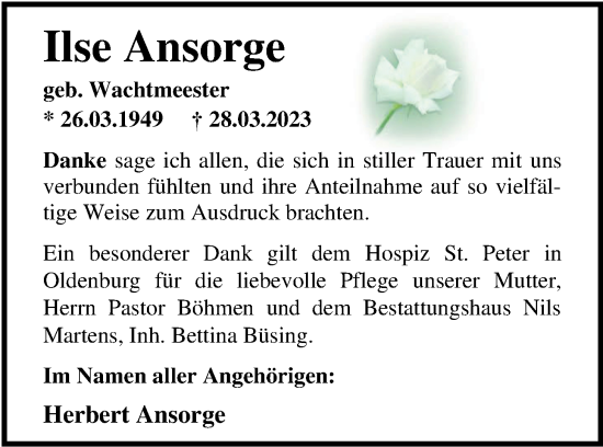 Traueranzeige von Ilse Ansorge von Nordwest-Zeitung