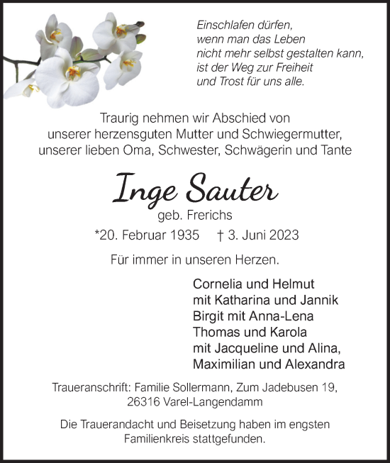 Traueranzeige von Inge Sauter von Nordwest-Zeitung