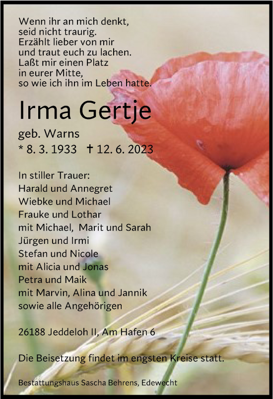 Traueranzeige von Irma Gertje von Nordwest-Zeitung