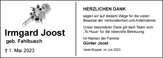Traueranzeige von Irmgard Joost von Nordwest-Zeitung