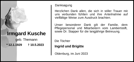 Traueranzeige von Irmgard Kusche von Nordwest-Zeitung