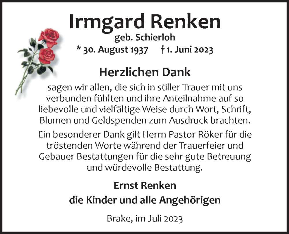  Traueranzeige für Irmgard Renken vom 01.07.2023 aus Nordwest-Zeitung