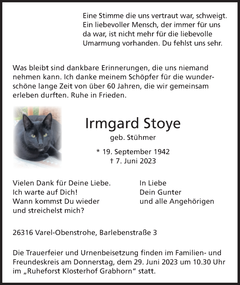  Traueranzeige für Irmgard Stoye vom 24.06.2023 aus Nordwest-Zeitung