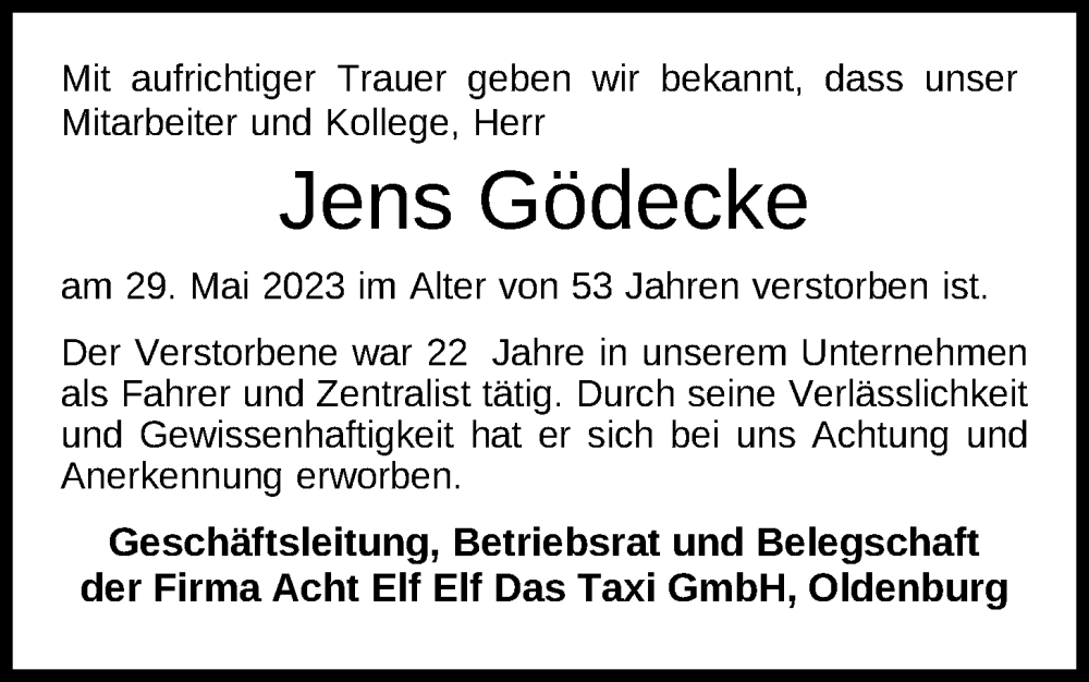  Traueranzeige für Jens Gödecke vom 07.06.2023 aus Nordwest-Zeitung
