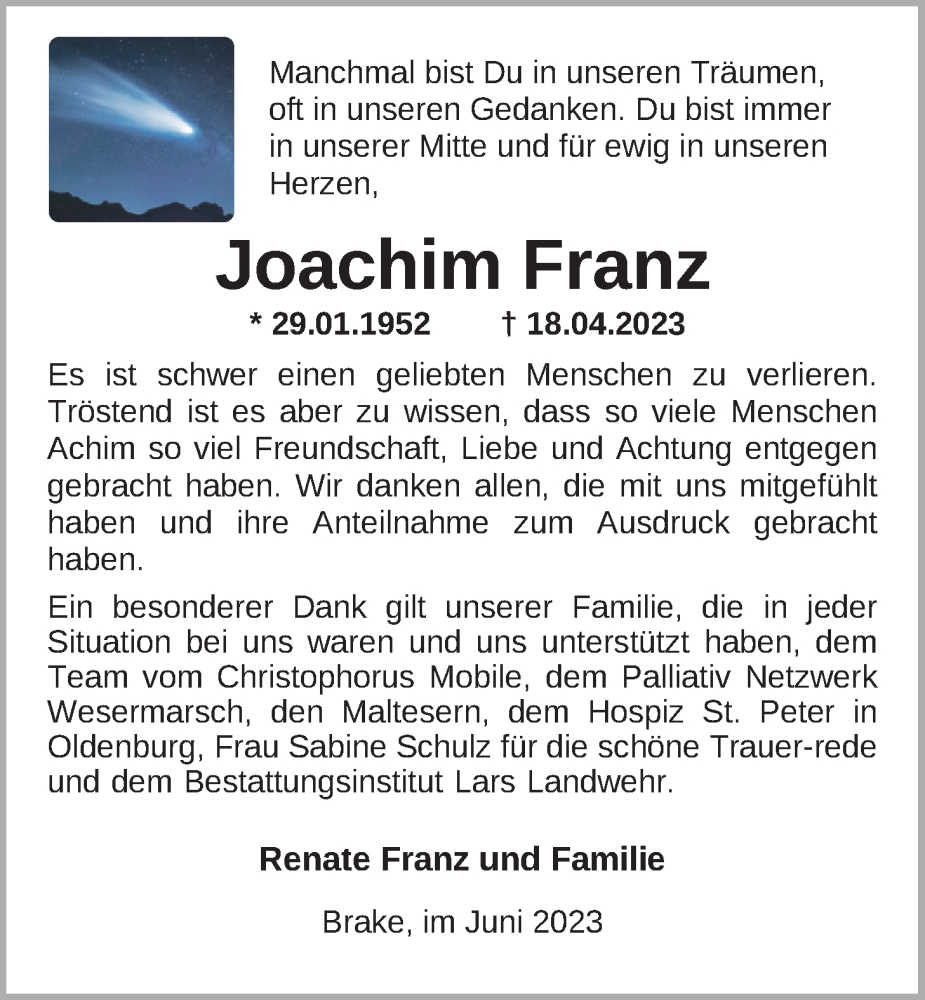  Traueranzeige für Joachim Franz vom 24.06.2023 aus Nordwest-Zeitung