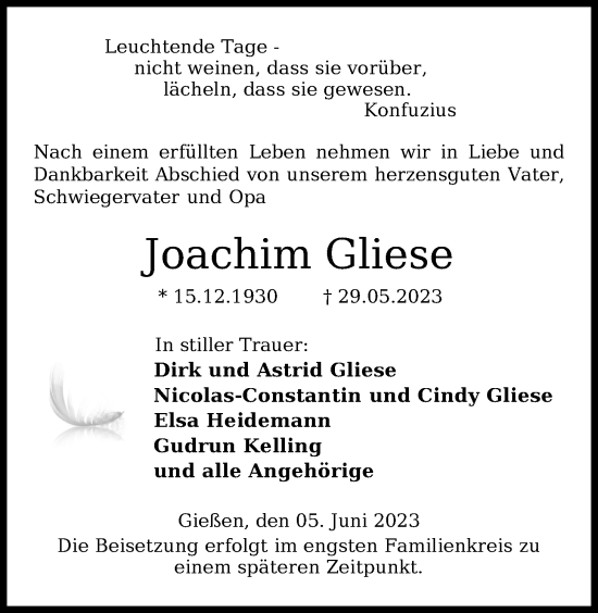 Traueranzeige von Joachim Gliese von WZ/JW/AH