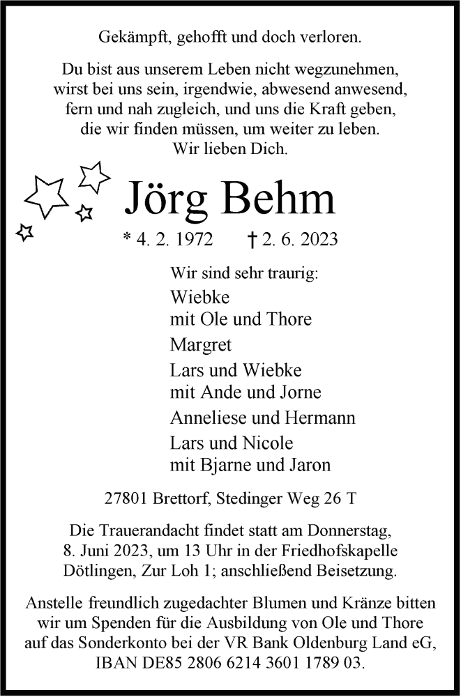  Traueranzeige für Jörg Behm vom 06.06.2023 aus Nordwest-Zeitung