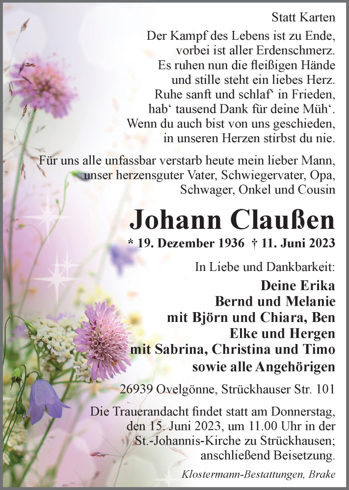  Traueranzeige für Johann Claußen vom 13.06.2023 aus Nordwest-Zeitung