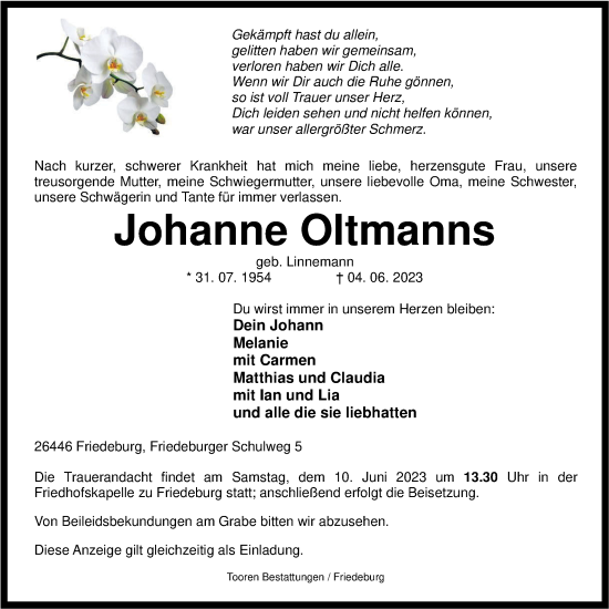 Traueranzeige von Johanne Oltmanns von WZ/JW/AH
