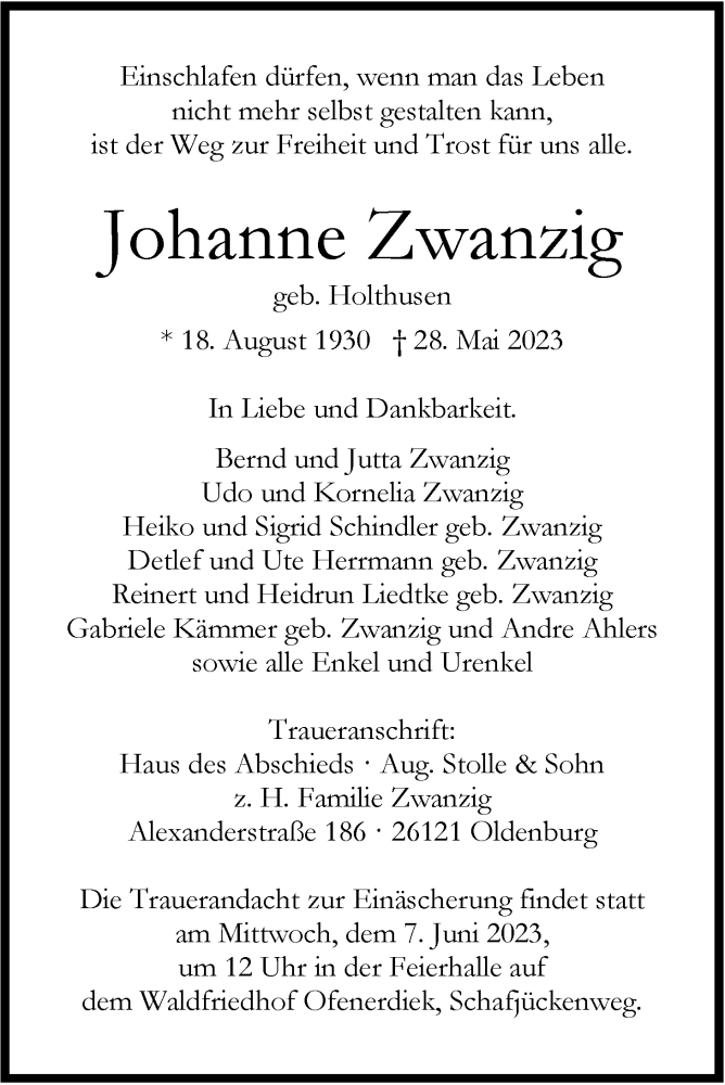  Traueranzeige für Johanne Zwanzig vom 03.06.2023 aus Nordwest-Zeitung
