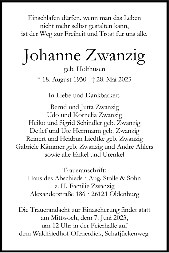 Traueranzeige von Johanne Zwanzig von Nordwest-Zeitung