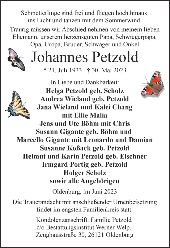 Traueranzeige von Johannes Petzold von Nordwest-Zeitung