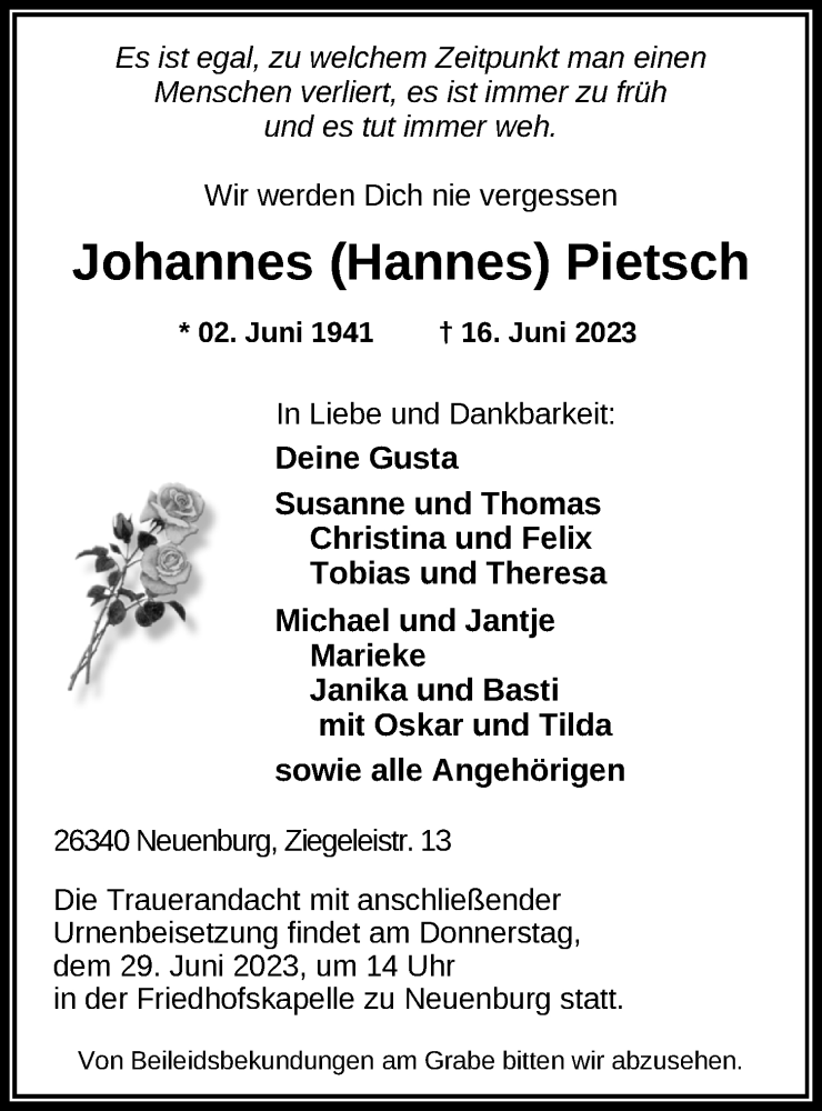  Traueranzeige für Johannes Pietsch vom 23.06.2023 aus Nordwest-Zeitung