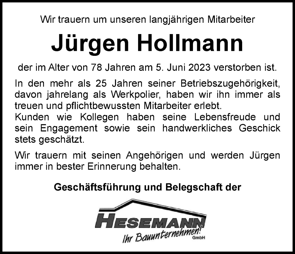  Traueranzeige für Jürgen Hollmann vom 10.06.2023 aus Nordwest-Zeitung