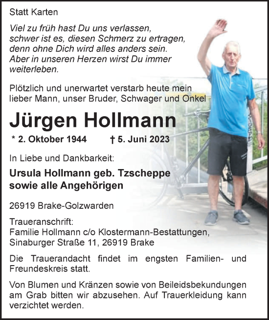 Traueranzeige von Jürgen Hollmann von Nordwest-Zeitung
