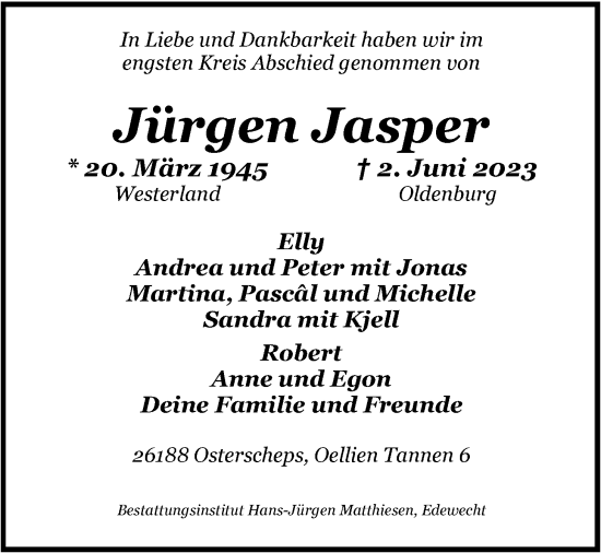 Traueranzeige von Jürgen Jasper von Nordwest-Zeitung