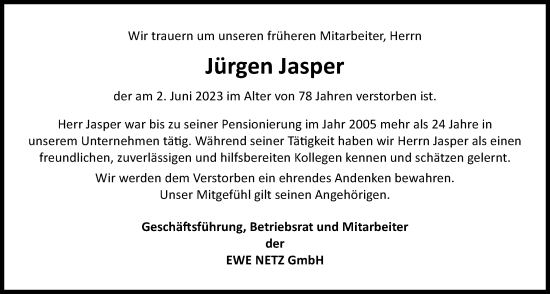 Traueranzeige von Jürgen Jasper von Nordwest-Zeitung