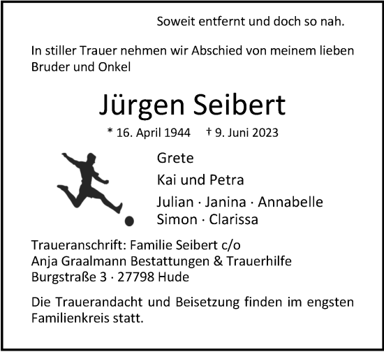 Traueranzeige von Jürgen Seibert von Nordwest-Zeitung