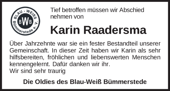 Traueranzeige von Karin Raadersma von Nordwest-Zeitung