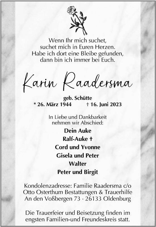 Traueranzeige von Karin Raadersma von Nordwest-Zeitung