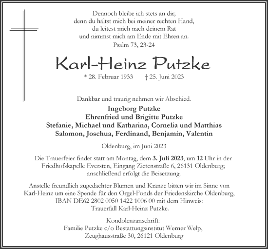 Traueranzeige von Karl-Heinz Putzke von Nordwest-Zeitung