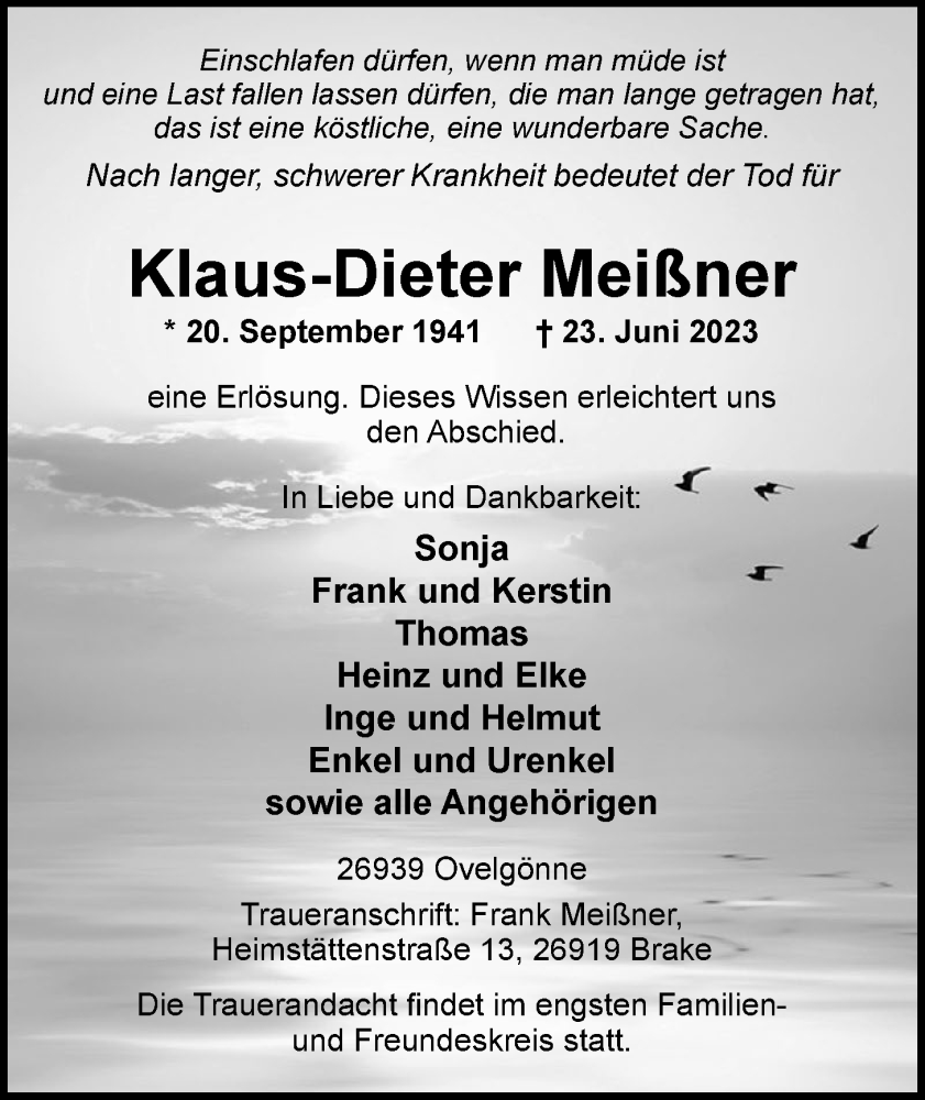  Traueranzeige für Klaus-Dieter Meißner vom 01.07.2023 aus Nordwest-Zeitung