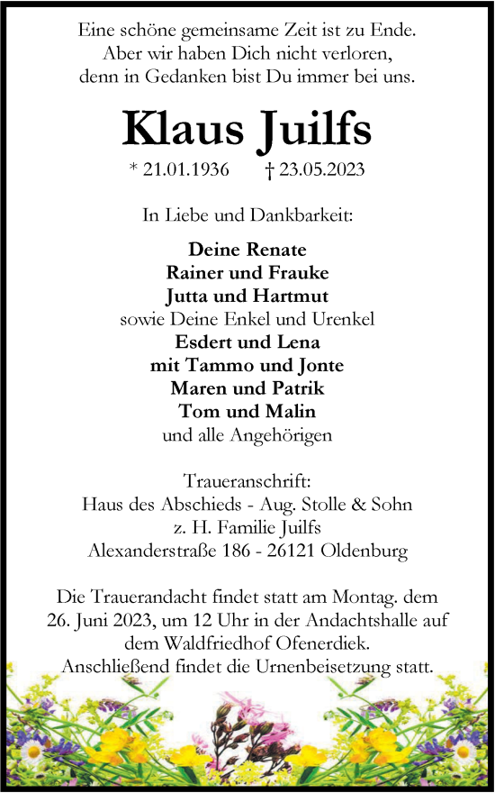 Traueranzeige von Klaus Juilfs von Nordwest-Zeitung