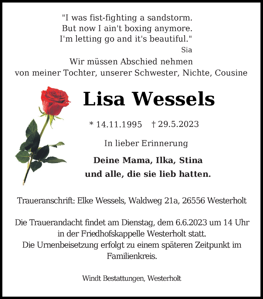  Traueranzeige für Lisa Wessels vom 02.06.2023 aus WZ/JW/AH