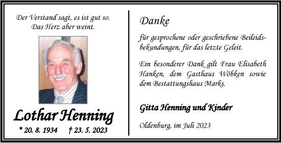 Traueranzeige von Lothar Henning von Nordwest-Zeitung