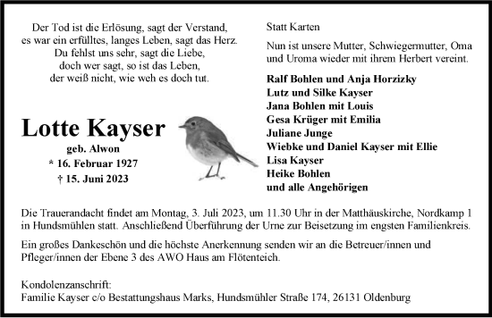 Traueranzeige von Lotte Kayser von Nordwest-Zeitung