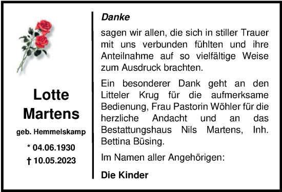Traueranzeige von Lotte Martens von Nordwest-Zeitung