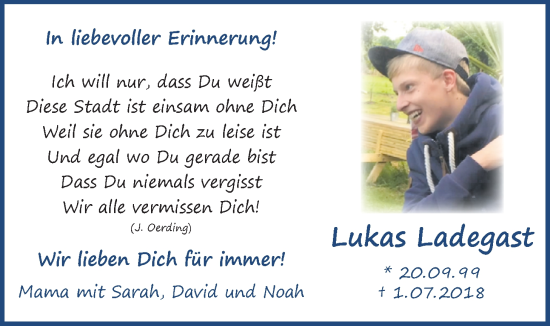 Traueranzeige von Lukas Ladegast von Nordwest-Zeitung