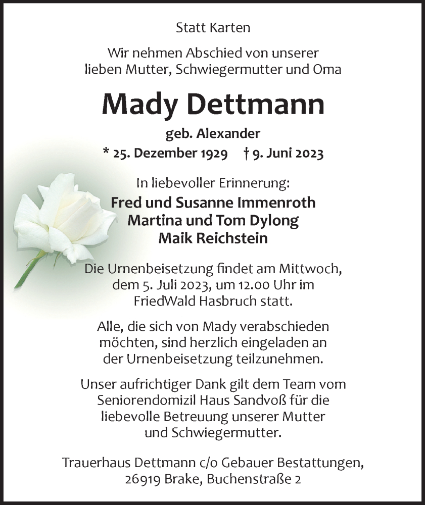  Traueranzeige für Mady Dettmann vom 24.06.2023 aus Nordwest-Zeitung