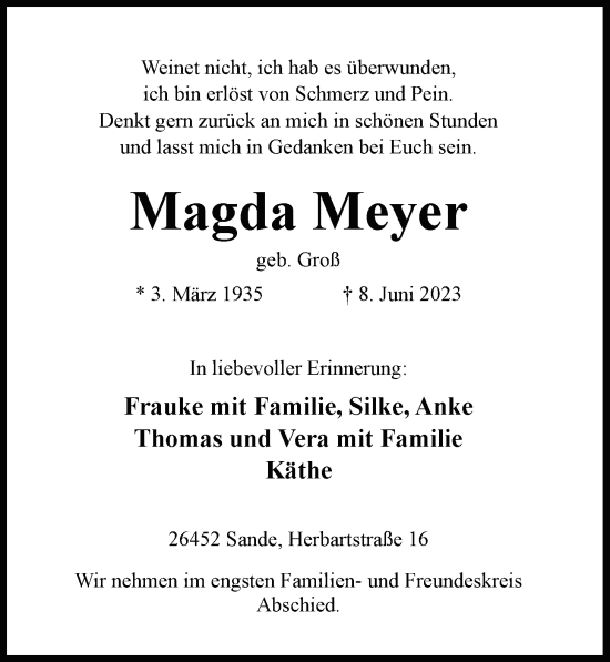 Traueranzeige von Magda Meyer von WZ/JW/AH