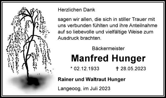 Traueranzeige von Manfred Hunger von WZ/JW/AH