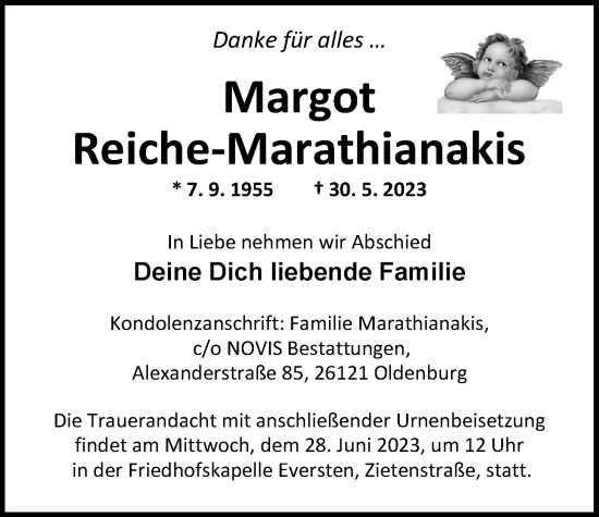 Traueranzeige von Margot Reiche-Marathianakis von Nordwest-Zeitung
