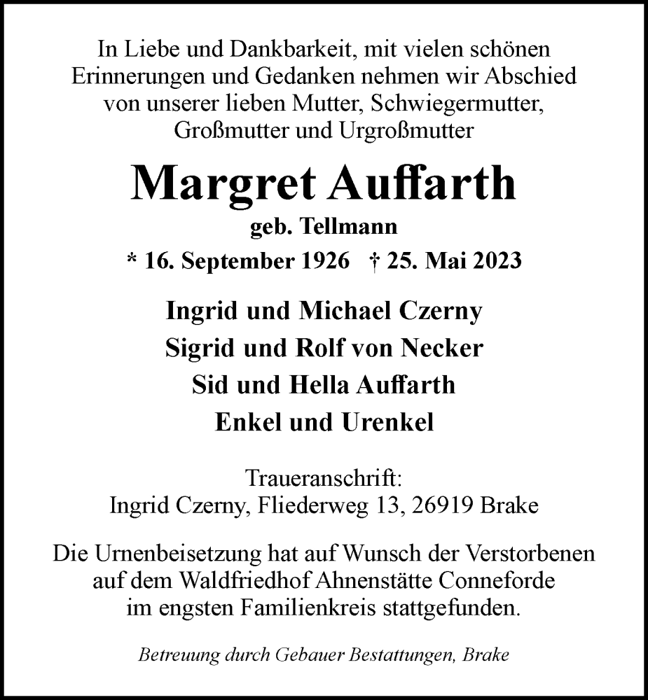  Traueranzeige für Margret Auffahrt vom 14.06.2023 aus Nordwest-Zeitung