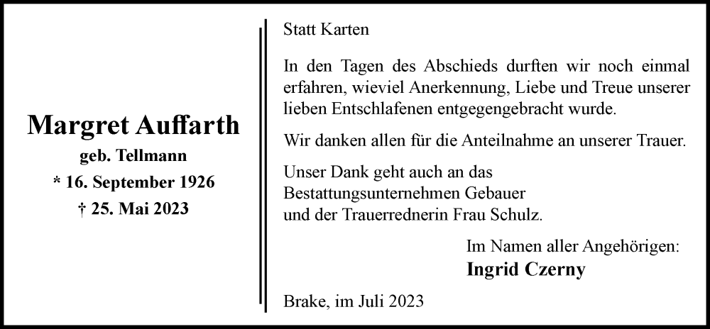  Traueranzeige für Margret Auffarth vom 01.07.2023 aus Nordwest-Zeitung