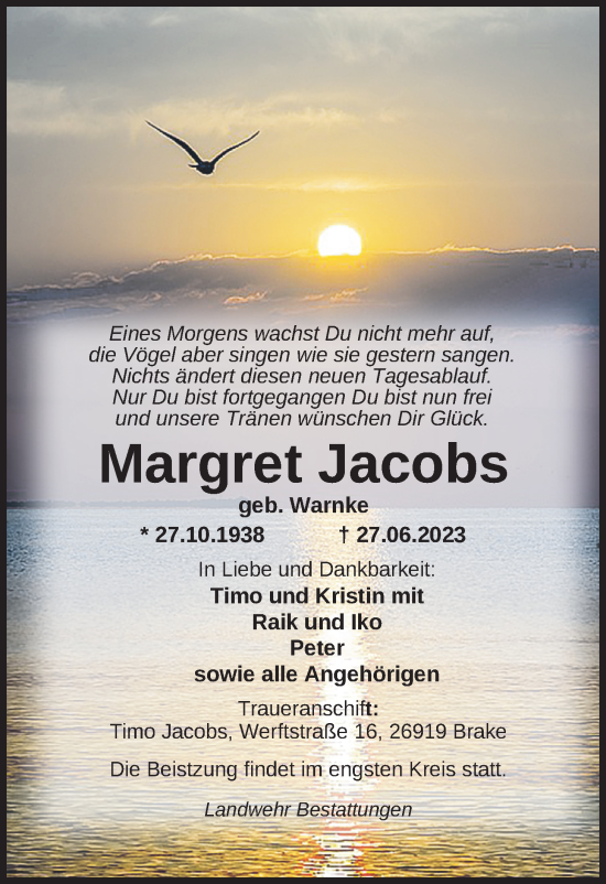 Traueranzeigen Von Margret Jacobs Nordwest Trauerde 