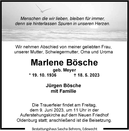 Traueranzeige von Marlene Bösche von Nordwest-Zeitung