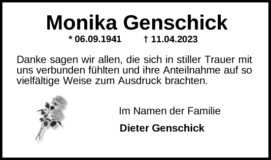Traueranzeige von Monika Genschick von Nordwest-Zeitung