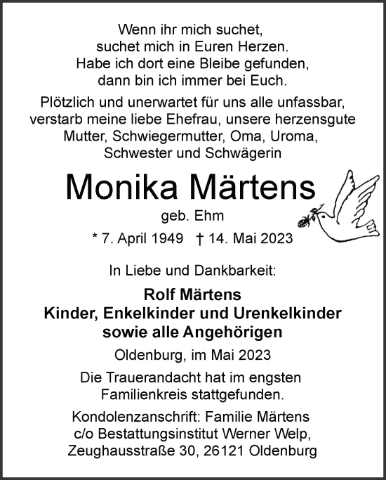 Traueranzeige von Monika Märtens von Nordwest-Zeitung