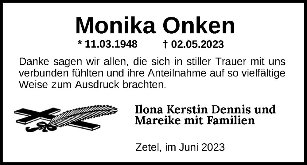  Traueranzeige für Monika Onken vom 10.06.2023 aus Nordwest-Zeitung