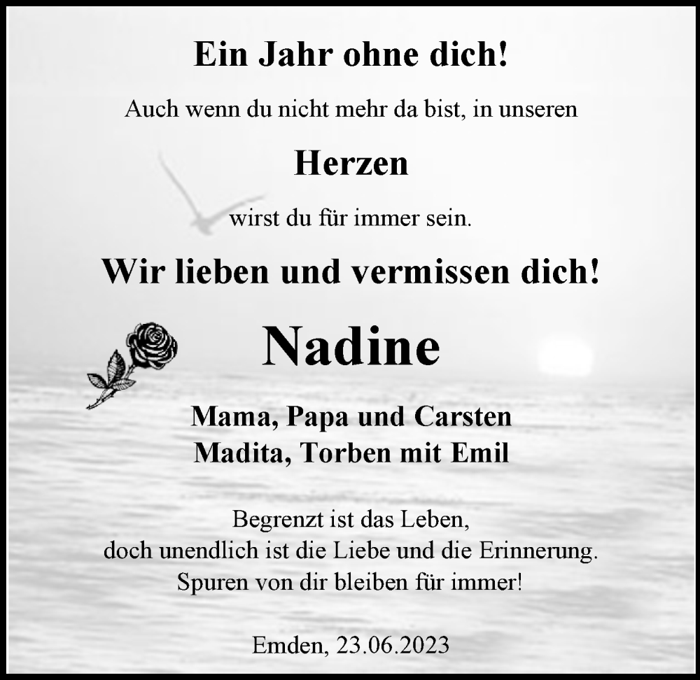  Traueranzeige für Nadine Schuldt vom 23.06.2023 aus Emder Zeitung